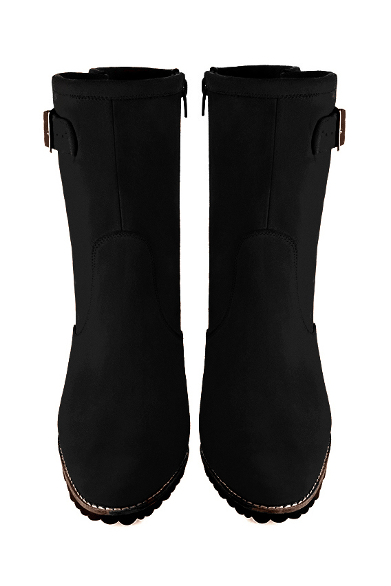 Matt black women's ankle boots with buckles on the sides. Round toe. High block heels. Top view - Florence KOOIJMAN